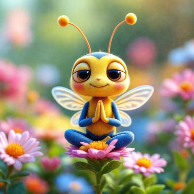 The primary subject of the image is a small, colorful, and cute yellow and blue bee sitting on a flower. The setting is a garden with a variety of flowers, creating a vibrant and lively atmosphere. The visual style is a combination of photo and digital art, giving the image a unique and creative appearance. The colors and mood are cheerful and uplifting, with the bee's bright colors and the flowers' vivid hues contributing to the overall positive and joyful mood of